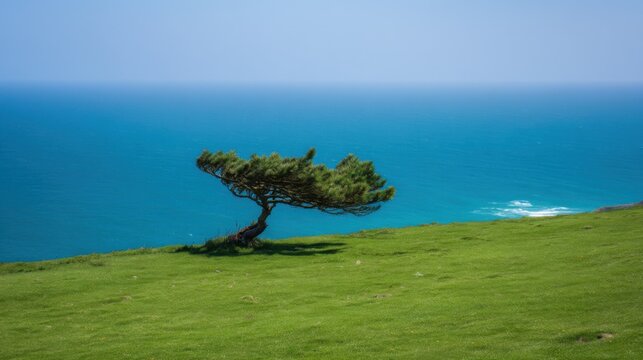 Solitary windswept tree on lush green hill with bent branches, lopsided canopy, deep blue sea, clear sky, gentle waves, tranquil natural beauty.