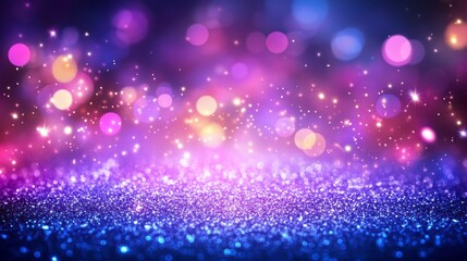 Abstract glittering background with purple, pink, and blue bokeh lights and sparkles.