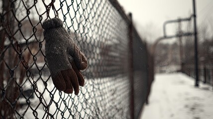 Gray glove hangs on a rusty chain-link fence in snow
