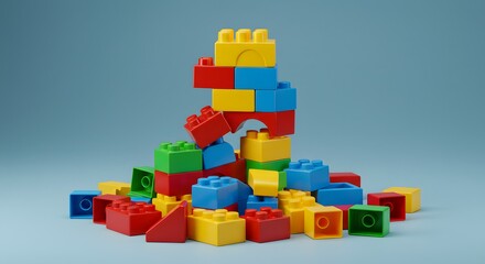 A colorful pile of interlocking plastic building blocks, primarily red, yellow, blue, and green, stacked on a light blue surface.
