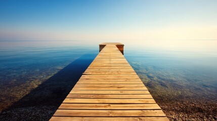 Obraz premium Serene wooden pier extending into calm, clear water with pebbly bottom, transitioning to deep blue hues, under soft gradient sky at sunrise or sunset.