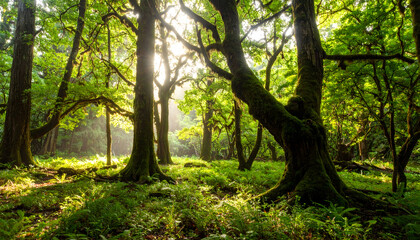 Sunlit Mossy Forest With Lush Green Undergrowth