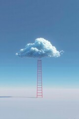 A surreal scene featuring a ladder reaching up to a fluffy cloud against a blue sky.