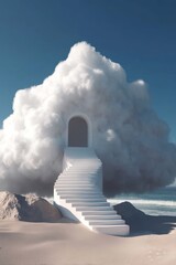 A surreal staircase leads to an ethereal door in a cloud over a serene beach.