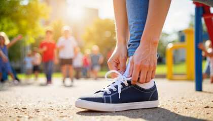 Student tying shoelaces on playground in cheerful afternoon sunlight, first day of school