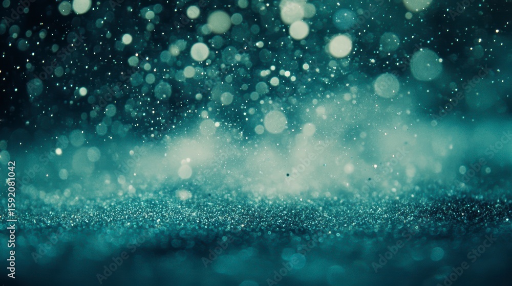 Poster abstract teal glitter bokeh background with sparkles and glowing lights.