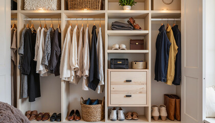 Tidy bedroom closet with neatly arranged clothes, life organization