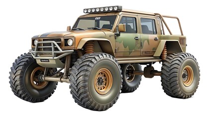 Rugged off road monster truck with camouflage paint and led light bar