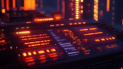 Futuristic control panel, city backdrop, data streams, sci-fi interface