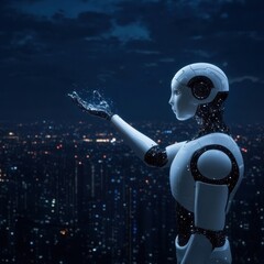 Futuristic Robot Gazing at Cityscape Under Starry Night Sky