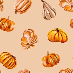 Orange watermelons on a beige background, seamless pattern