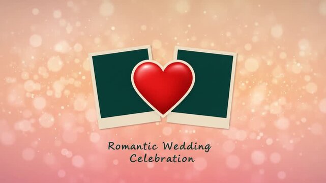 Wedding greeting video template with two photo frames, heart symbol, and romantic background. Perfect for romantic wedding celebration intros, slideshow videos, invitations, and love-themed content.