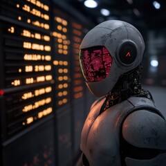 Futuristic Robot with Digital Display in a Tech Environment
