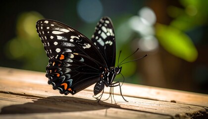 Fototapeta premium on Wooden Board Black Butterfly flying and white Markings, Resting on Rustic Wood Grain, Generated with AI.