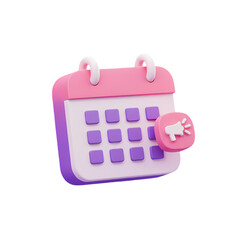 3D render of a pink and purple calendar with a megaphone icon attached, symbolizing an important event or reminder.