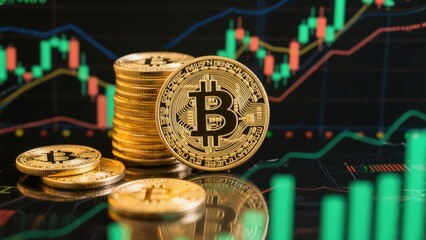 Bitcoin coins with financial graph in the background, cryptocurrency investment.