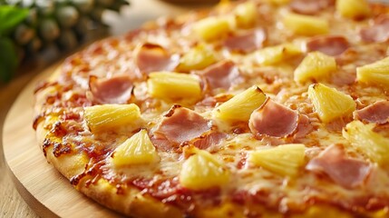 Close up of a mouthwatering Hawaiian pizza with ham and pineapple toppings, served on a wooden board.
