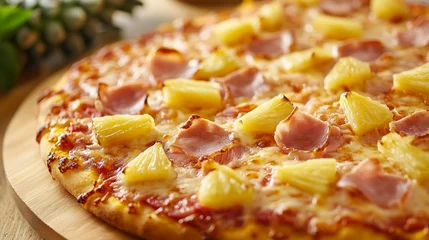 Poster Restaurant Close up of a mouthwatering Hawaiian pizza with ham and pineapple toppings, served on a wooden board.  © Alexandr Efimov