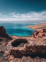 High-angle view of a turquoise lake nestled in a rocky, desert landscape