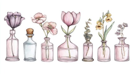 Obraz premium Pink glass bottles with flowers
