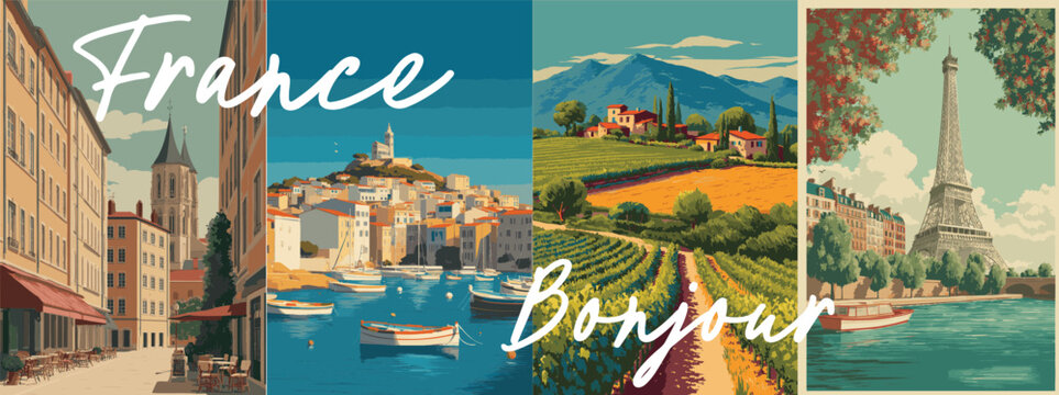 France vintage style travel poster set. Collection of scenic art deco retro tourism illustrations