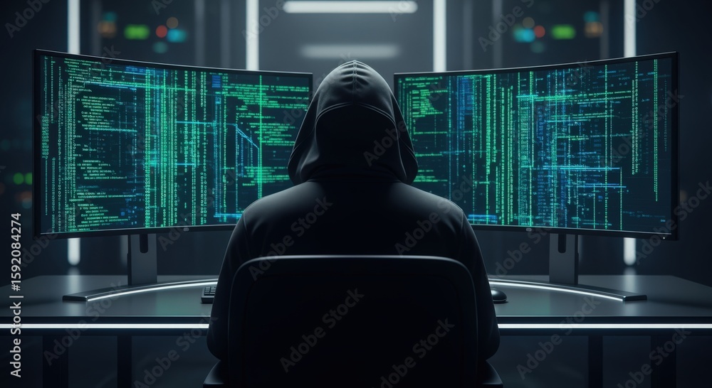 Poster anonymous hacker in a hoodie working on computer, cyber crime, data breach concept.