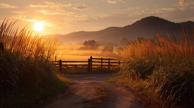 Golden sunrise over a rustic country lane