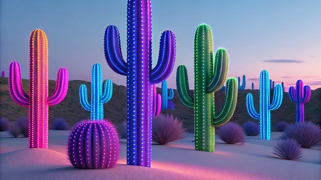 A surreal desert landscape features neon cacti glowing under the twilight sky - Powered by Adobe