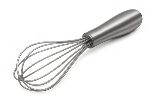 Stainless steel whisk isolated on transparent background, essential tool for cooking and baking