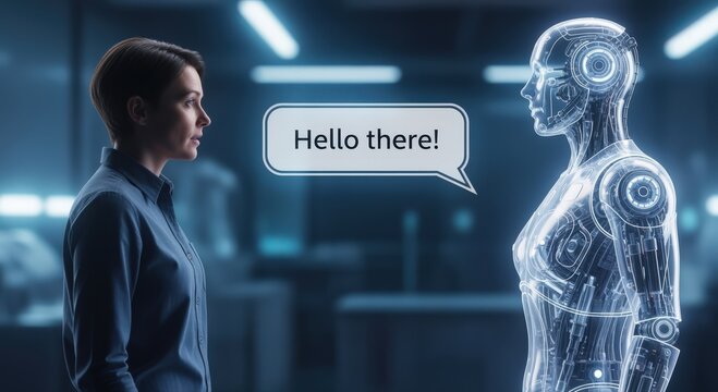 Woman communicating with a futuristic robot. Artificial intelligence concept.