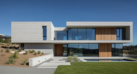 A modern, single-story house with clean lines, neutral tones, and large windows in daylight.