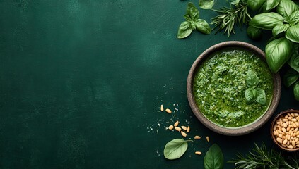 Green pesto in bowl, herbs & nuts