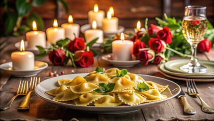 Ravioli pasta on a romantic table setting with candles and flowers , holiday meal, gourmet cuisine