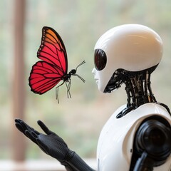 Robot with Butterfly Symbolizing Technology and Nature Harmony