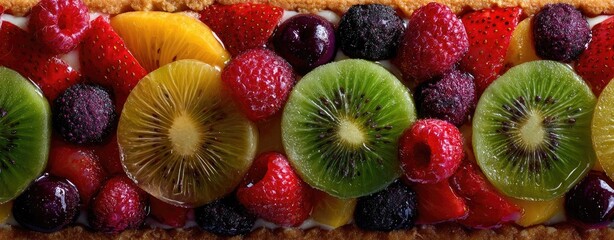 Colorful fruit tart with kiwi, raspberries, strawberries, blueberries, cherries, and peaches