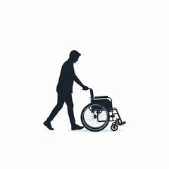 Silhouette of man pushing wheelchair on white background