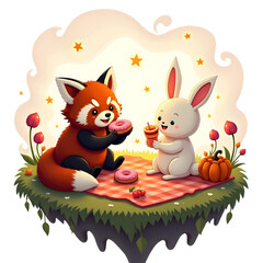 Fototapeta premium Red Panda Picnic with Bunny on Floating Forest Island – White Background
