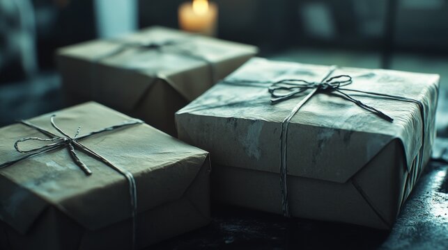 Gift boxes tied with string and string bow, vintage looking packaging for gifts.