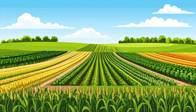 Panoramic farm fields, various crops, sunny day