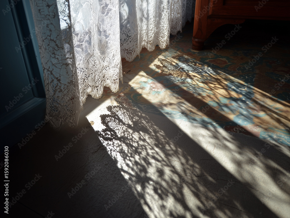 Poster sunlight streams through lace curtains, casting intricate shadows on the floor and creating a warm, 