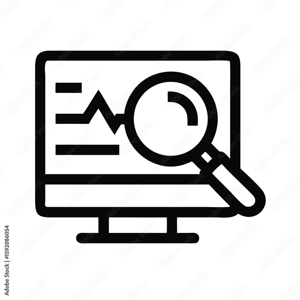Poster data analysis on computer with magnifying glass for seo and business intelligence search and researc