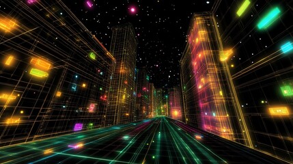 Neon Cityscape Virtual Road, Night, Digital, Metaverse