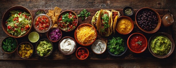 Fototapeta premium Colorful array of Mexican food toppings and dishes