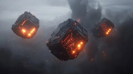 Glowing Cubes Falling Through Smoky Sky; Sci-Fi Background