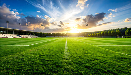 Lush Green Sports Field at Sunset