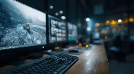 Control room with mining hinery screens and data monitoring