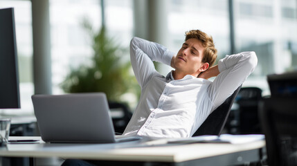 Office male employee stretching at desk, taking a break from work, promoting health and wellness, casual business attire, modern workplace, natural light, productivity concept.