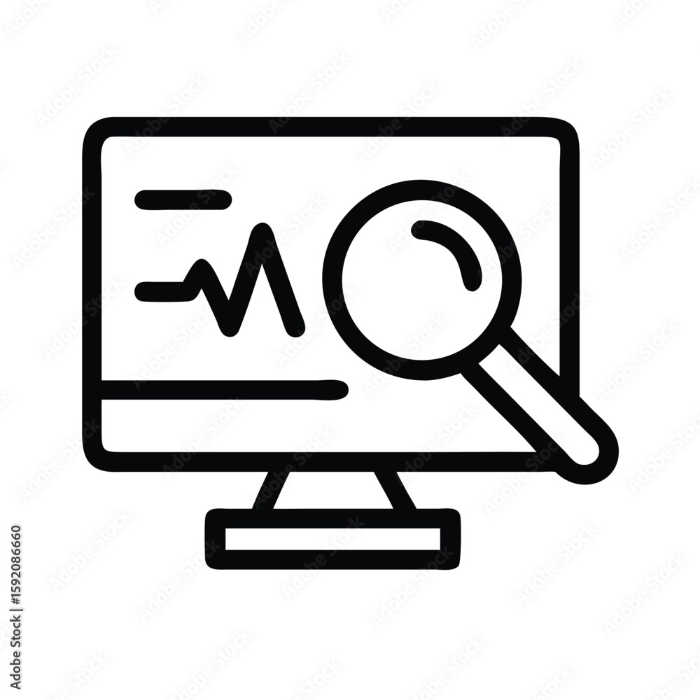 Poster data analysis and monitoring on computer screen with magnifying glass for detailed insights and revi
