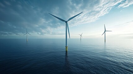 Offshore wind turbines on calm sea at sunset with silhouettes of clouds.
