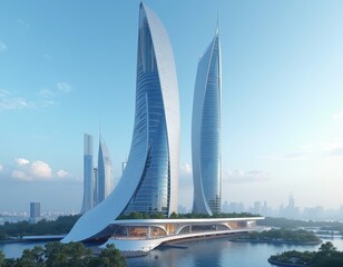 Futuristic Twin Towers Skyscrapers on Waterfront at Sunrise